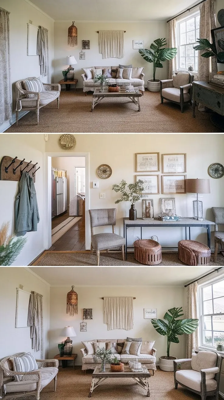 Step inside this charming farmhouse, where vintage finds and bohemian touches create a space that's both cozy and captivating. The eclectic mix of furniture and decor tells a story of collected treasures and cherished memories, a testament to the beauty of lived-in spaces. A perfect blend of rustic charm and relaxed elegance.