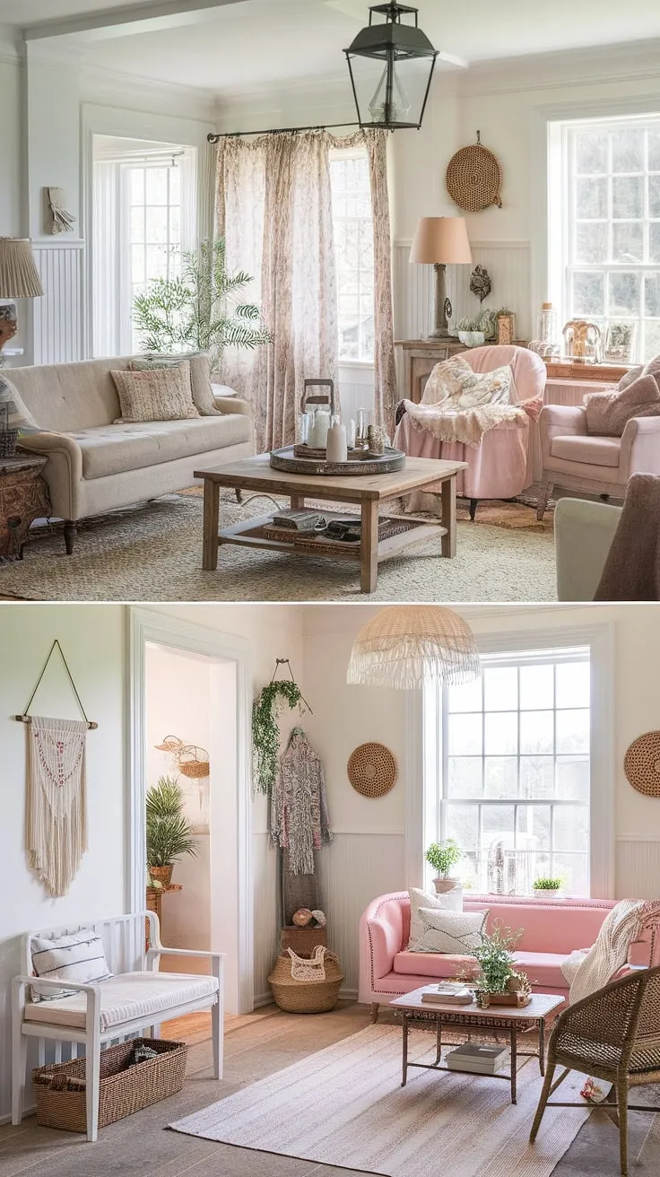 Step into a world of vintage charm and bohemian ease in this lovingly restored farmhouse. The soft beige and blush tones, coupled with rustic wooden accents and thoughtfully curated vintage finds, create a space that's both inviting and utterly romantic. Every detail, from the handcrafted wreath to the flickering lantern light, whispers tales of simpler times and cherished memories. This home is a testament to the beauty of imperfection, a sanctuary where comfort and style intertwine seamlessly.