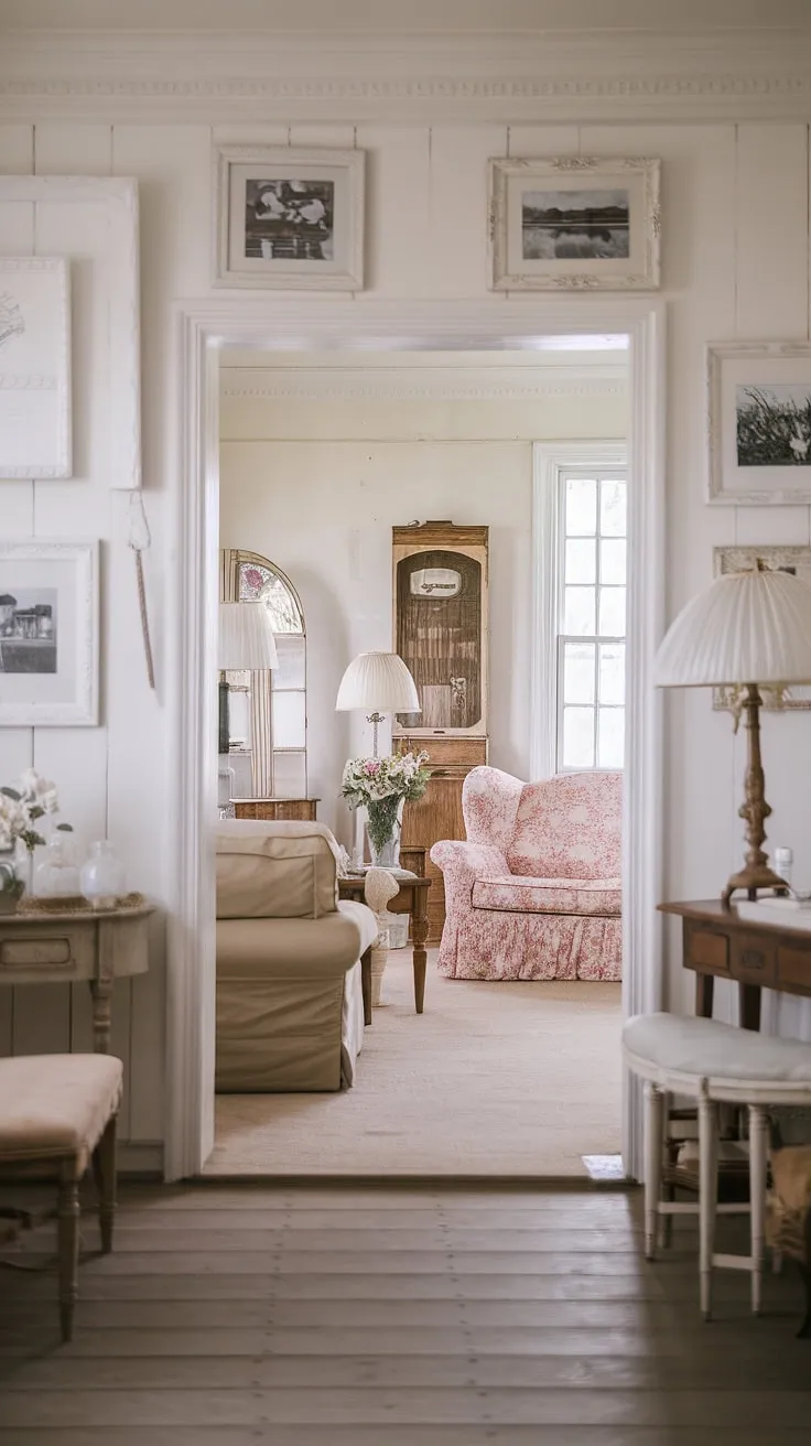 Step into a world of vintage charm and romantic whispers, where the shabby chic farmhouse unfolds its captivating story. Each room, from the cozy living room to the inviting sitting area and the welcoming entryway, breathes a timeless elegance, a testament to the beauty of lived-in spaces and cherished memories. The soft glow of vintage lamps illuminates the carefully curated details, creating an atmosphere of peaceful tranquility.