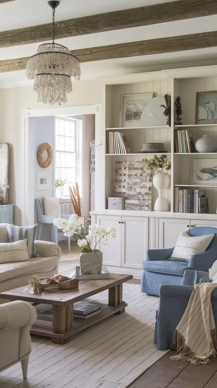 Step into a world of effortless charm where rustic meets romantic. This shabby chic farmhouse, with its soft color palette and vintage treasures, whispers tales of cozy evenings and cherished memories. The carefully curated details, from the worn wooden coffee table to the eclectic bookshelf, create a space that feels both lived-in and utterly enchanting. A perfect blend of boho spirit and timeless elegance.