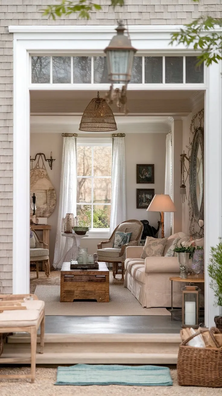 Step into a world of rustic charm and vintage romance. This shabby chic farmhouse, bathed in the warm glow of afternoon sun, offers a sanctuary of peace and tranquility. The carefully curated details, from the worn wooden bench in the entryway to the cozy beige sofa, tell a story of cherished memories and timeless elegance. A perfect blend of comfort and character awaits.