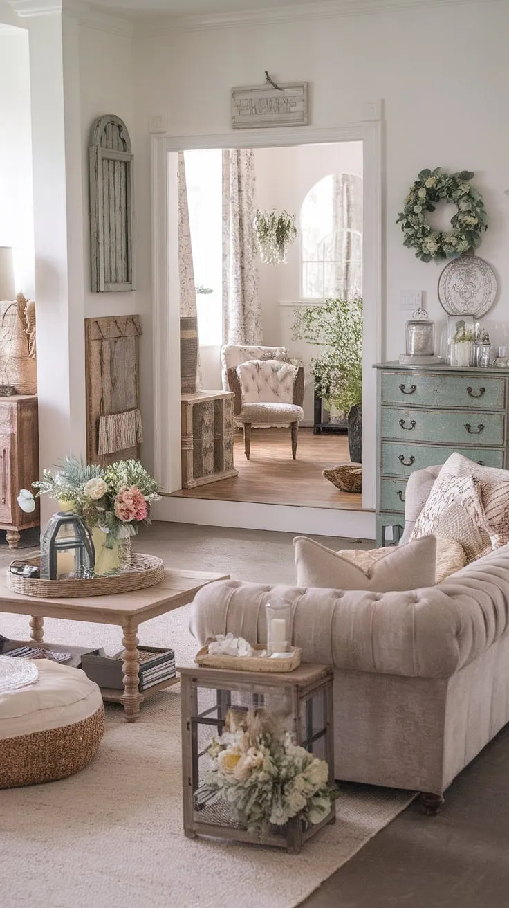 Step into a world of vintage charm and rustic romance. This shabby chic farmhouse, brimming with textures and patterns, whispers tales of bygone eras. The plush seating, antique furniture, and carefully curated décor create a haven of comfort and style. A perfect blend of boho elegance and heartwarming nostalgia.