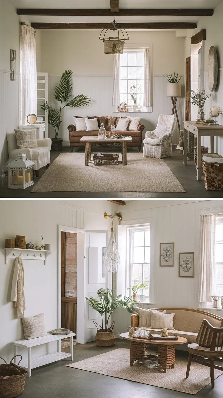 Step into a world of vintage romance and shabby chic serenity. This farmhouse living space is a testament to the beauty of simple living, with its carefully chosen pieces and calming color palette. A collection of cherished objects, from rustic lanterns to woven baskets, adds character and personality. The space feels both lived-in and lovingly curated, a true reflection of its inhabitants' unique style and appreciation for the finer things in life.