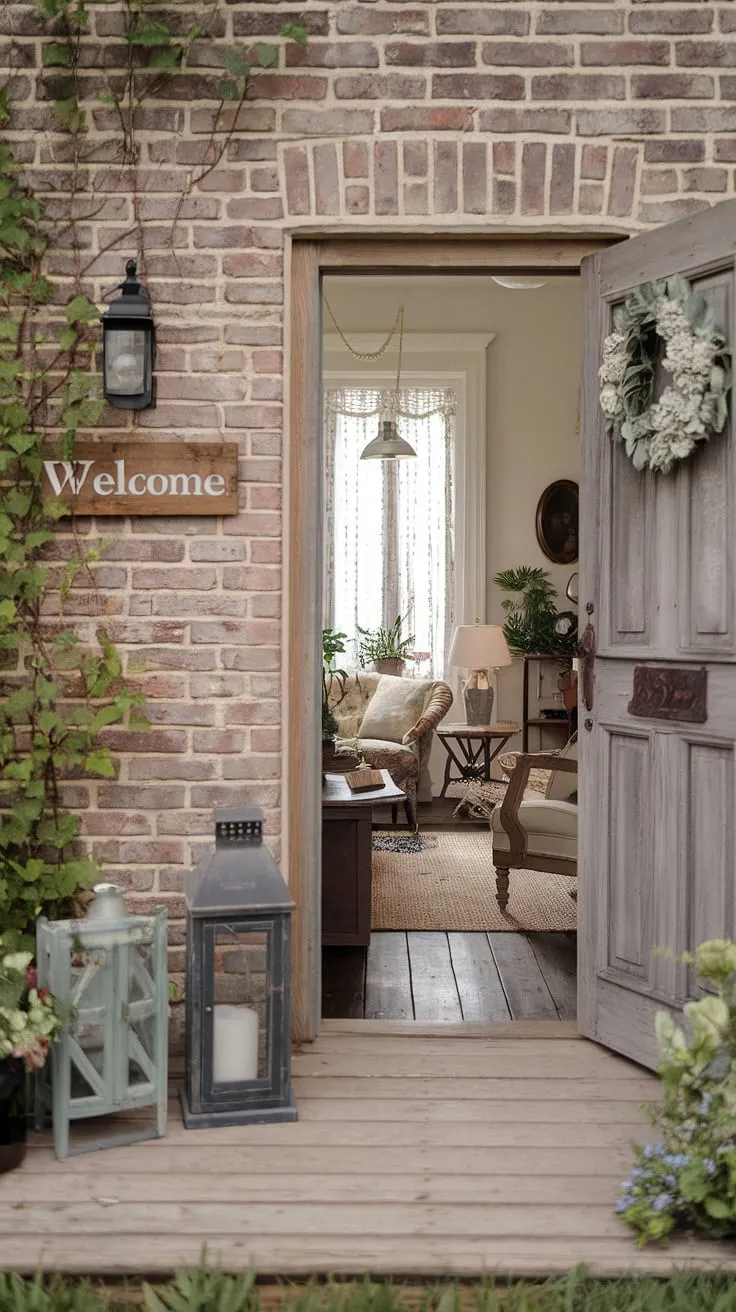 Step into a world of rustic charm and vintage elegance. This shabby chic farmhouse entryway, with its weathered wooden door and welcoming sign, hints at the cozy haven that awaits within, a space filled with antique furniture and the comforting glow of a vintage lantern. The brick wall, softened by climbing vines, adds a touch of natural beauty to this inviting home.