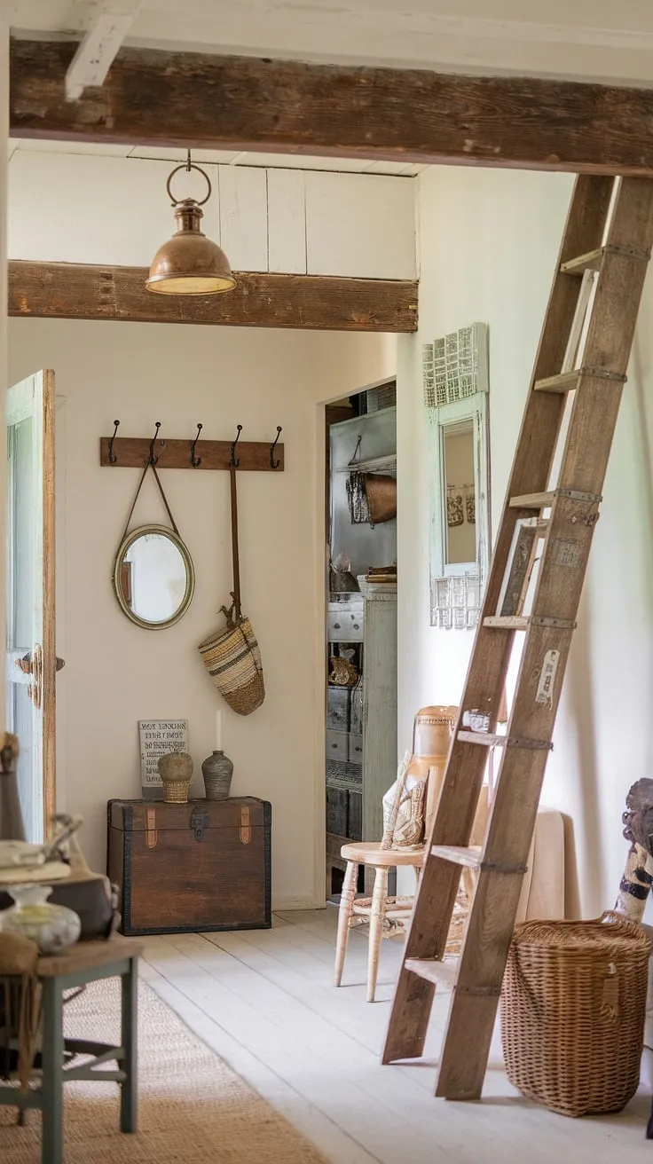 Step into a world of rustic charm and vintage treasures. This shabby chic farmhouse entryway, with its weathered wooden ladder, antique mirror, and cozy ambiance, whispers tales of generations past. A perfect blend of old-world elegance and comfortable living, it's a space where memories are made and cherished. A true haven of peace and tranquility.