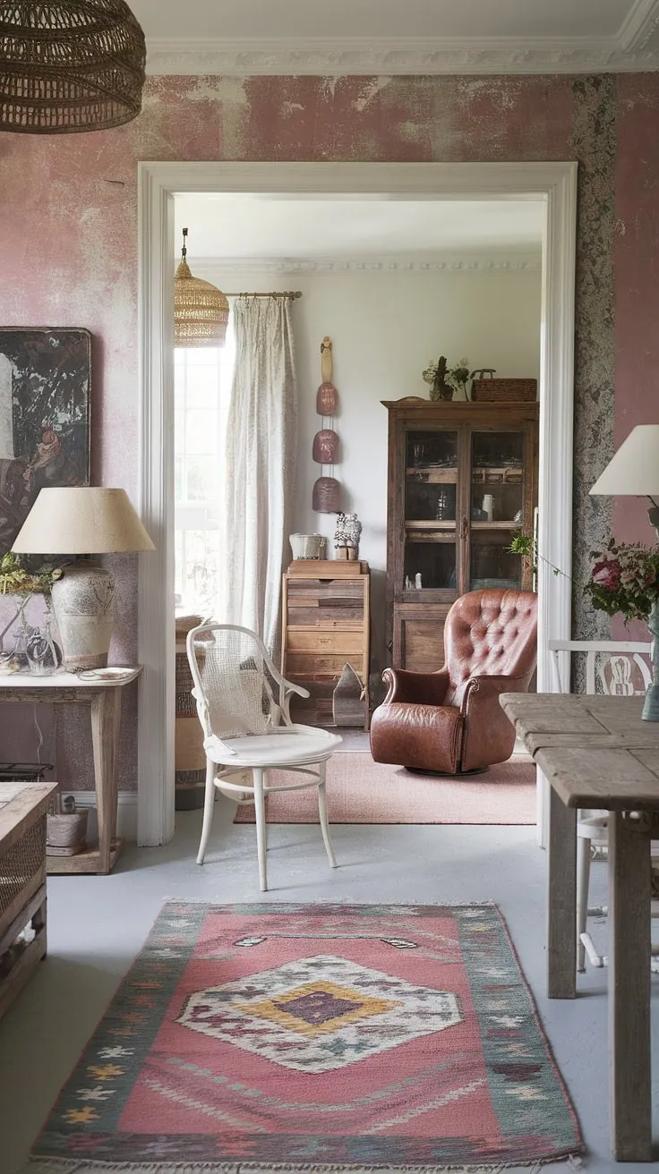 Step inside this charming farmhouse, where rustic wooden tables and a worn leather chair tell tales of generations past. The romantic vintage lamp casts a warm glow on the boho rug, creating a space that's both cozy and effortlessly chic. A perfect blend of farmhouse, romantic, and boho styles, this home whispers stories of love and laughter.