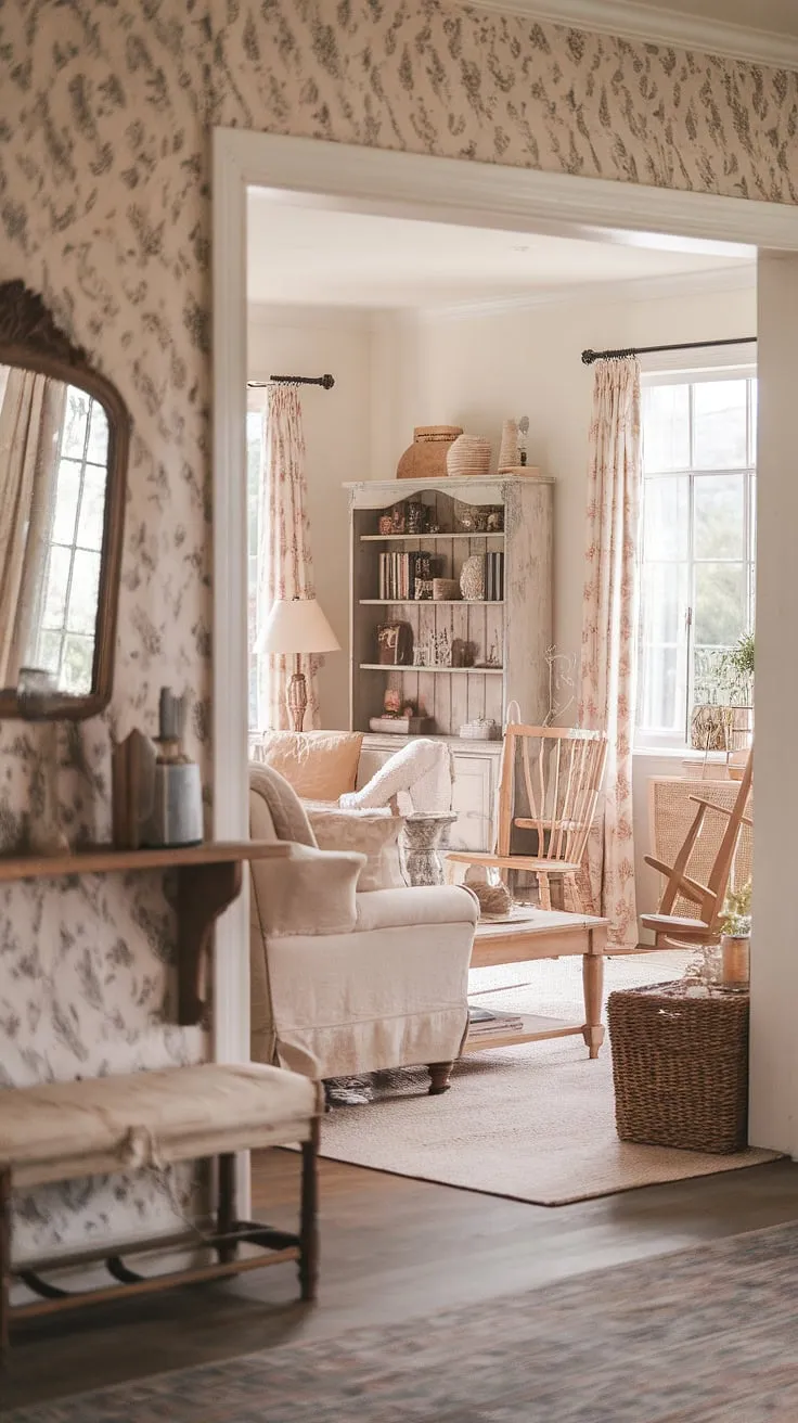 Step into a world of vintage charm and bohemian ease in this lovingly restored farmhouse. The floral wallpaper, weathered wood, and soft textures create a haven of romantic tranquility, a testament to the beauty of time-worn elegance and carefully curated details. Every corner whispers a story, from the antique rocking chair to the shabby chic bookcase overflowing with treasured volumes. This home is a sanctuary, a place where memories are made and cherished.