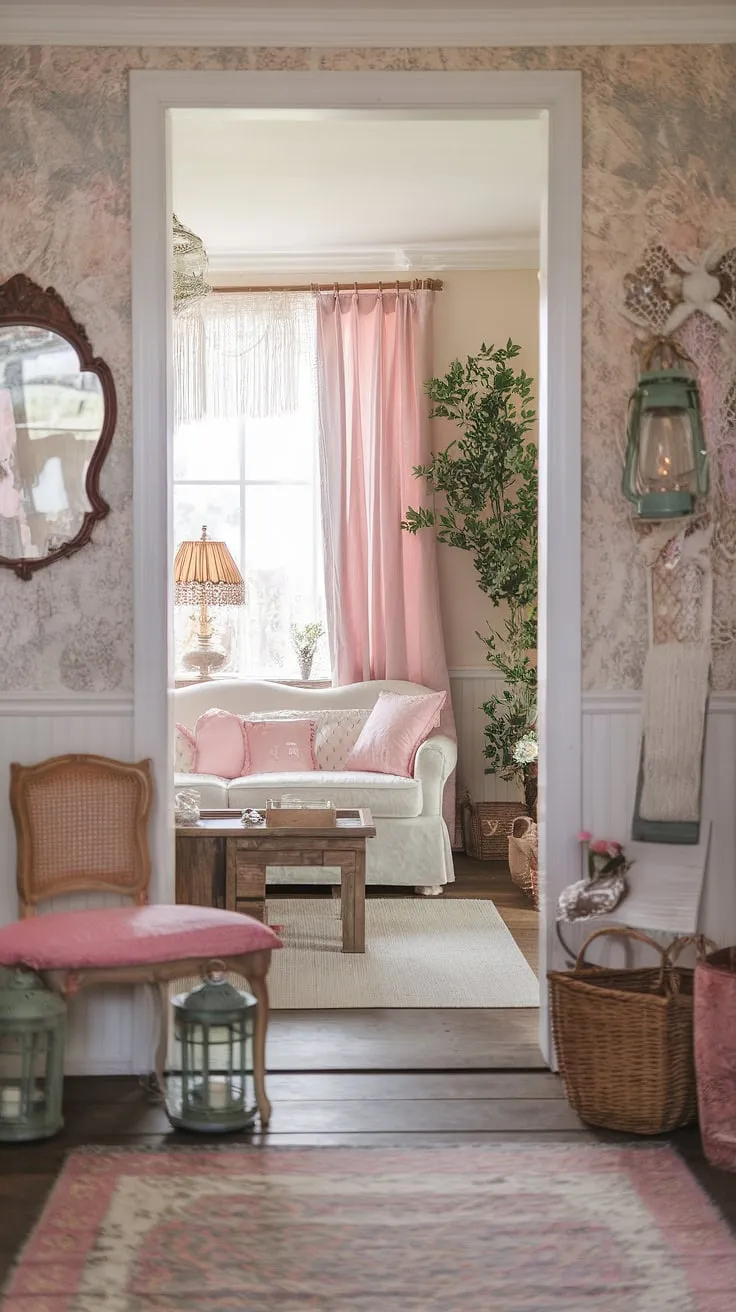 Step into a world of vintage charm and romantic bohemian style. This shabby chic farmhouse whispers stories of bygone eras, with every detail-from the floral wallpapers to the worn wooden furniture-carefully curated to create a space that feels both lived-in and utterly enchanting. The soft pink accents and lush greenery add a touch of feminine grace, while the antique lanterns and woven baskets lend a rustic warmth. It's a home filled with love, laughter, and the comforting embrace of cherished memories. A sanctuary of peace and beauty, a testament to the enduring power of simple elegance.