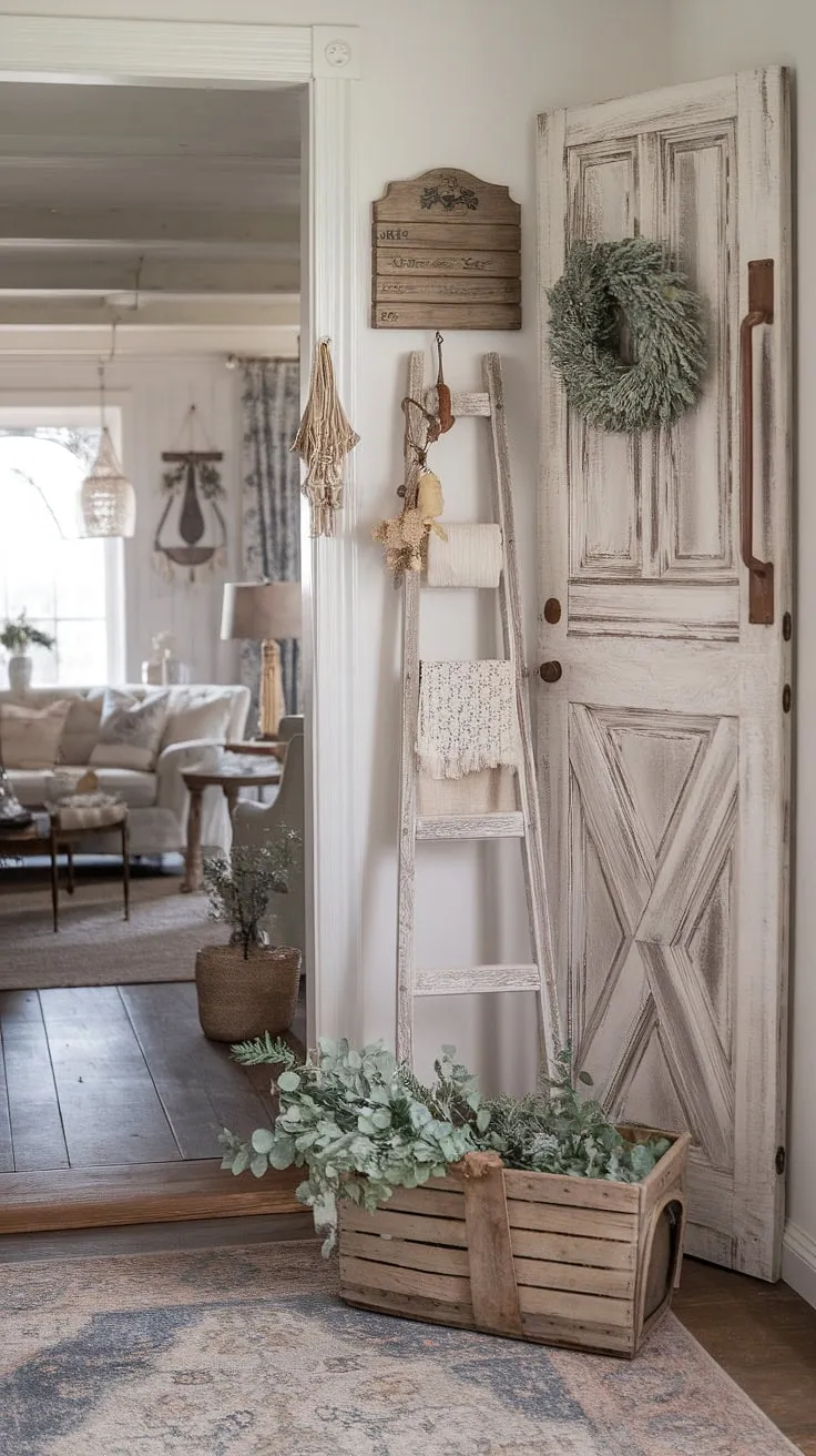 This charming farmhouse entryway is a testament to the beauty of imperfection. The rustic wooden door, the vintage basket brimming with greenery, and the white ladder add a touch of whimsicality to the space. The carefully chosen wall hangings and patterned rug complete the look, creating a welcoming and romantic atmosphere that perfectly complements the boho-chic living room beyond. A true haven of shabby chic style.