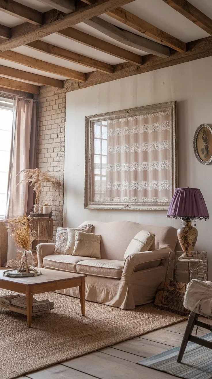 This rustic farmhouse living room effortlessly blends shabby chic elegance with bohemian flair. The aged wood, exposed brick, and vintage finds create a warm and inviting atmosphere, perfect for quiet evenings and heartfelt conversations. The carefully chosen details, from the woven rug to the delicate lace, tell a story of collected memories and cherished moments. A space where comfort and style meet.