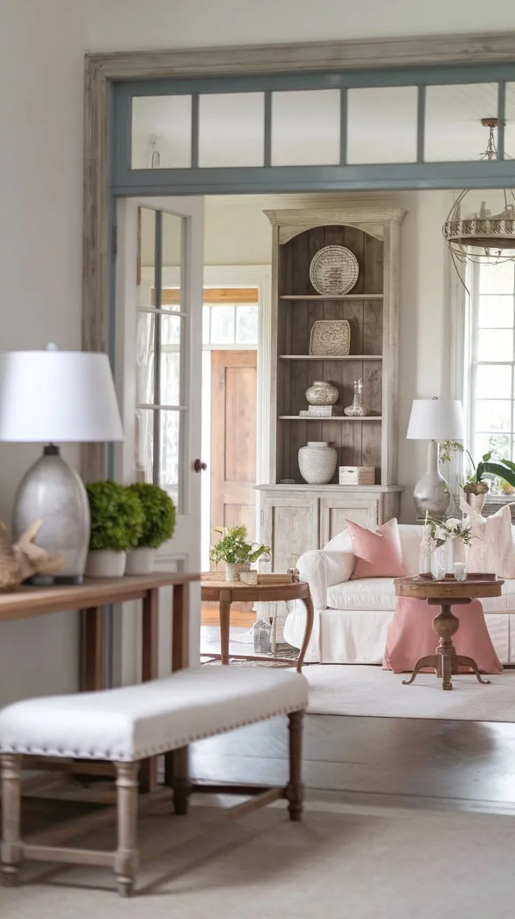 Step into a world of rustic charm and vintage romance. This shabby chic farmhouse whispers tales of bygone eras, with its weathered wood, soft textures, and a gentle embrace of the past. The inviting entryway, complete with a cozy bench, sets the tone for a home filled with warmth and character. A perfect blend of old-world elegance and modern comfort awaits.