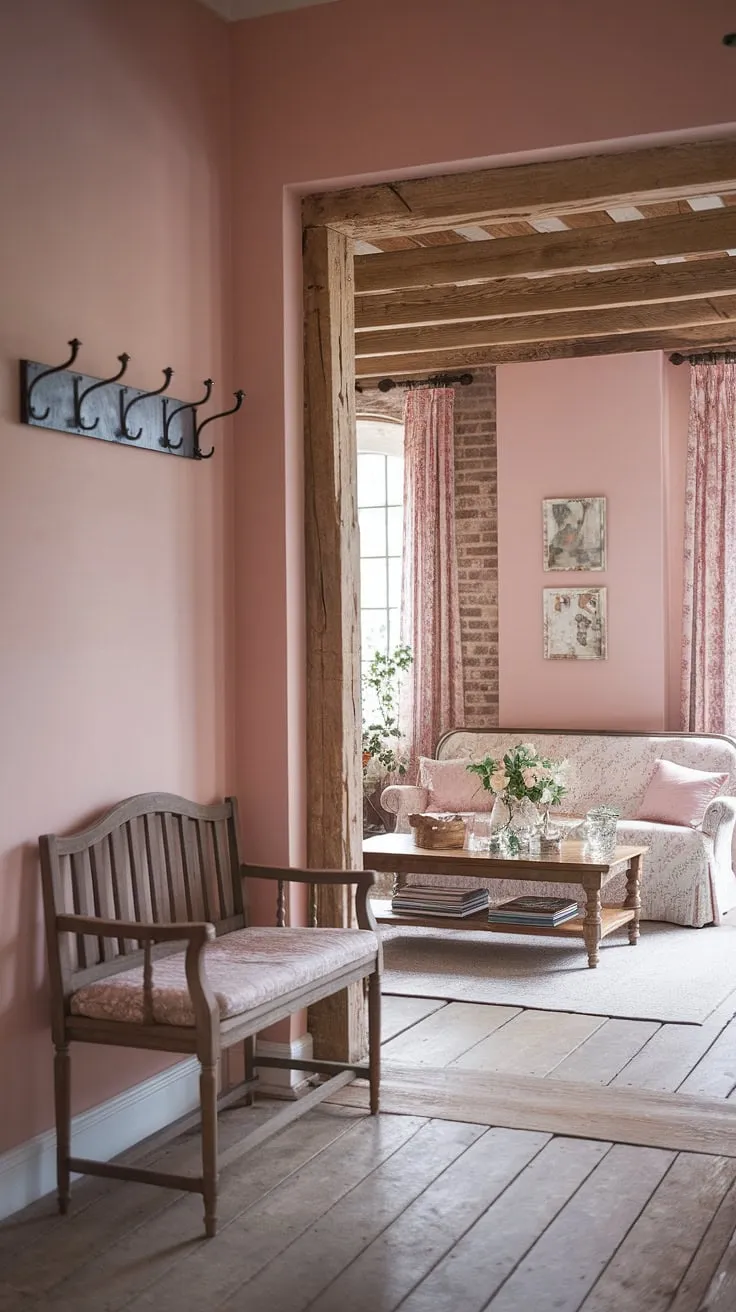 Step into a world of rustic charm and romantic vintage details. This shabby chic farmhouse, with its soft pink walls, exposed beams, and eclectic mix of boho and shabby chic decor, whispers tales of cozy evenings and cherished memories. The worn wooden bench and patterned couch invite you to relax and unwind, while the carefully curated details speak to a life lived beautifully.