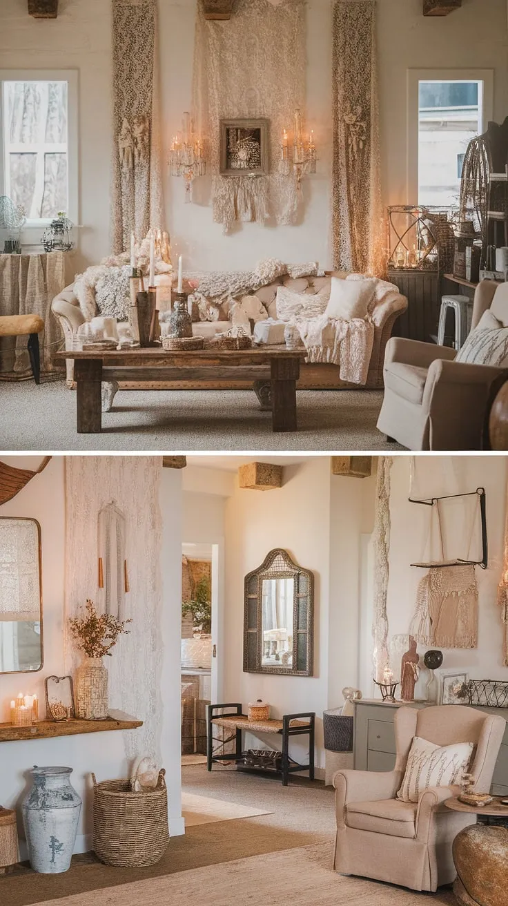 Step into a world of rustic charm and vintage romance. This shabby chic farmhouse whispers tales of bygone eras, where cozy textures and warm lighting create an inviting haven. The carefully curated details, from delicate lace to weathered wood, tell a story of cherished memories and timeless elegance. A perfect blend of boho spirit and farmhouse simplicity, it's a space where comfort and beauty intertwine.