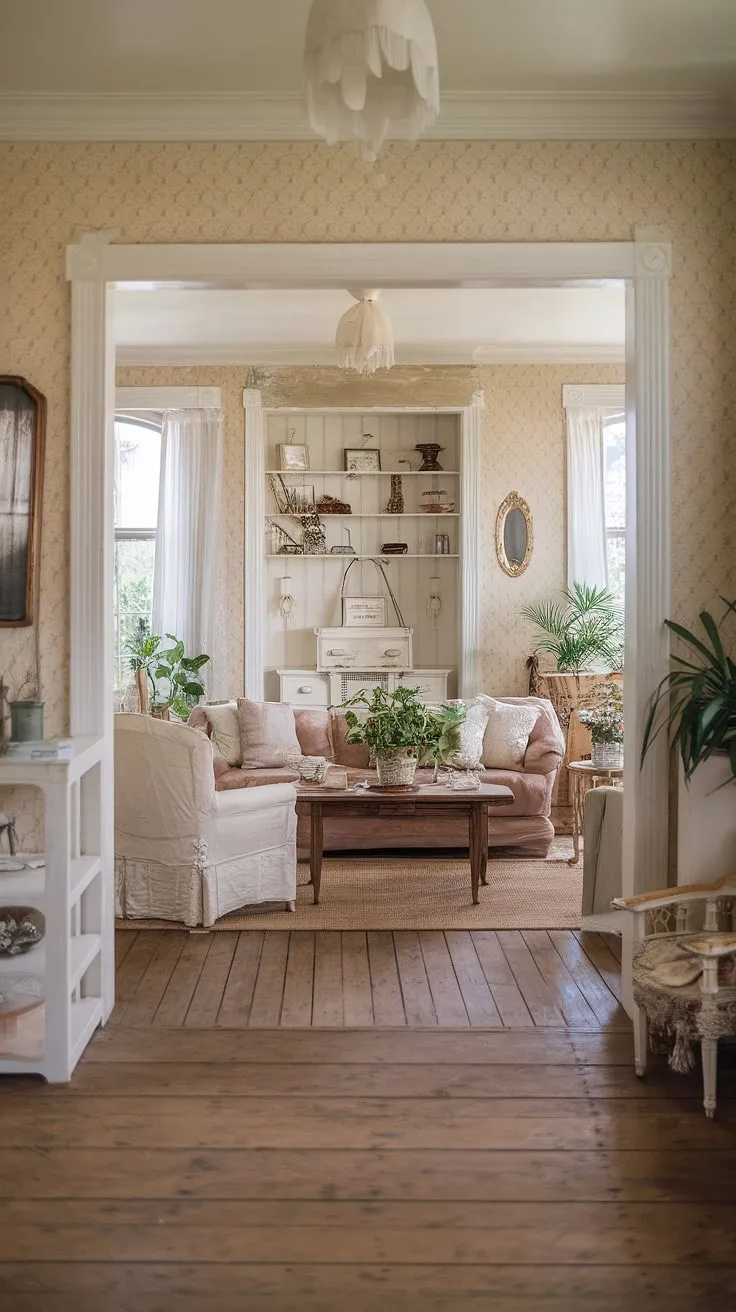Step into a world of vintage charm and rustic elegance. This shabby chic farmhouse whispers tales of cozy evenings and romantic moments, where every detail, from the patterned wallpaper to the potted plants, contributes to an atmosphere of tranquil beauty. A haven of peace, a sanctuary for the soul.