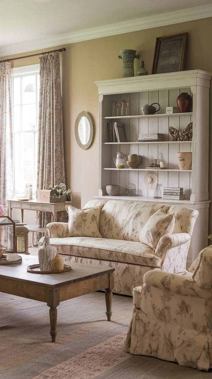 This boho shabby chic farmhouse living room is a dream come true. The carefully curated collection of vintage finds and cozy textiles creates a warm and inviting atmosphere. The neutral color palette is punctuated by pops of floral print, adding a touch of romance to the space. It's the kind of room where you can curl up with a good book and lose yourself in the beauty of simple things.