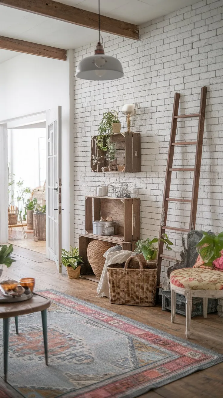A symphony of textures and tones defines this romantic shabby chic space. The aged wood, the soft floral accents, and the carefully placed vintage pieces create a captivating atmosphere. A perfect blend of farmhouse charm and bohemian spirit, this room is a testament to the beauty of lived-in spaces and the art of comfortable living.