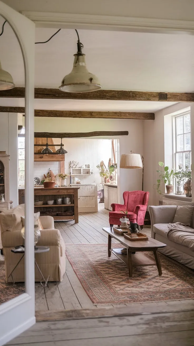 Step into a world of vintage charm and rustic elegance. This shabby chic farmhouse whispers tales of bygone eras, from the antique lamp in the entryway to the cozy living room, complete with a plush beige couch and a splash of vibrant red. The grey sitting room offers a tranquil escape, while the rustic kitchen, brimming with life and light, promises culinary adventures. A perfect blend of comfort and character, this home is a testament to timeless beauty.