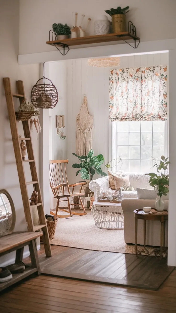 Step into a world of vintage charm and bohemian ease in this lovingly restored farmhouse. The sun-drenched living room, complete with a floral-draped window and cozy rocking chair, invites you to unwind and embrace the simple pleasures. A curated collection of cherished heirlooms and handcrafted treasures adds a touch of rustic elegance, creating a space that's both inviting and uniquely personal. A sense of warmth and tranquility permeates every corner.
