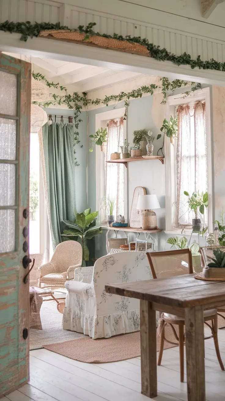 Step into a world of vintage charm and rustic romance. This shabby chic farmhouse, with its light blue walls, floral sofa, and distressed wooden door, whispers tales of bygone eras. The carefully curated details, from the woven textures to the lush greenery, create a haven of bohemian tranquility. A perfect blend of old-world elegance and modern comfort, it's a space where memories are made and cherished. A true testament to the beauty of imperfection.