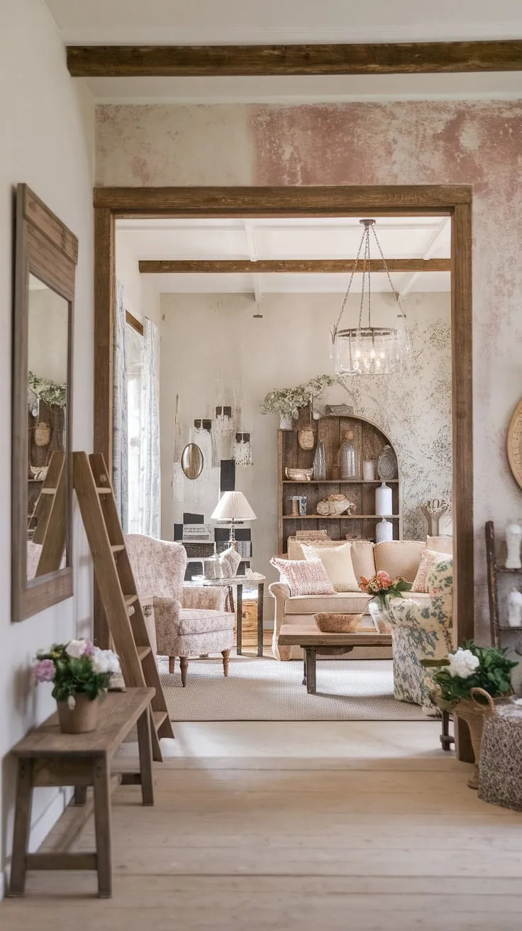 Step into a world of rustic charm and vintage romance. This shabby chic farmhouse, with its distressed walls and eclectic mix of furniture, whispers tales of bygone eras. The comforting beige sofa invites you to relax, while the floral armchair and antique lamp add a touch of whimsical elegance. A wooden ladder leans casually against the wall, a testament to the home's effortless style, and the carefully curated decorative items tell a story of cherished memories. A truly captivating space where comfort and beauty intertwine.