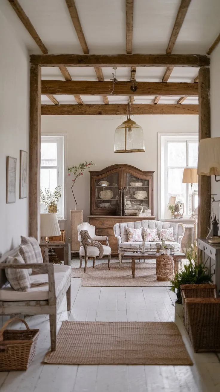 This farmhouse embodies the spirit of shabby chic, blending vintage elegance with bohemian flair. The rustic wooden beams and whitewashed walls provide a stunning backdrop for the eclectic mix of furniture and accessories. From the wicker baskets overflowing with texture to the soft floral cushions and the warm glow of vintage lamps, every detail has been carefully curated to create a space that is both inviting and inspiring. A true sanctuary of comfort and style, this home is a celebration of the beauty found in imperfection.