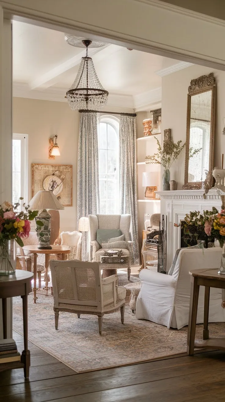 A sanctuary of peace and tranquility awaits. This charming farmhouse, filled with the warmth of aged wood and the delicate touch of vintage finds, invites you to relax and unwind. A testament to the beauty of imperfection, every detail, from the patterned rug to the carefully chosen artwork, contributes to its unique and inviting character. A true escape.