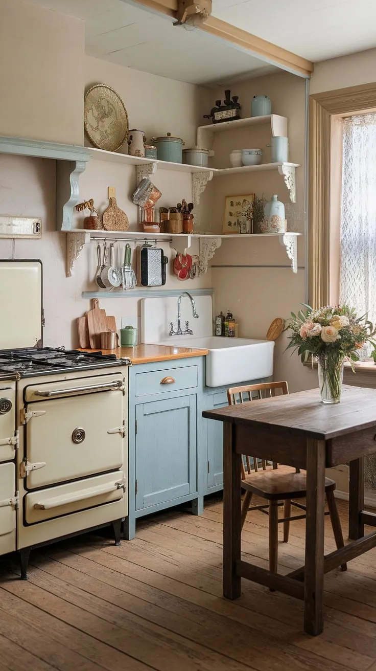Step back in time in this charming cottage kitchen, where vintage cabinets and a well-loved stove whisper tales of generations past. The warm wood floors and a simple vase of flowers add to the cozy, shabby chic atmosphere. A perfect blend of rustic charm and timeless elegance.