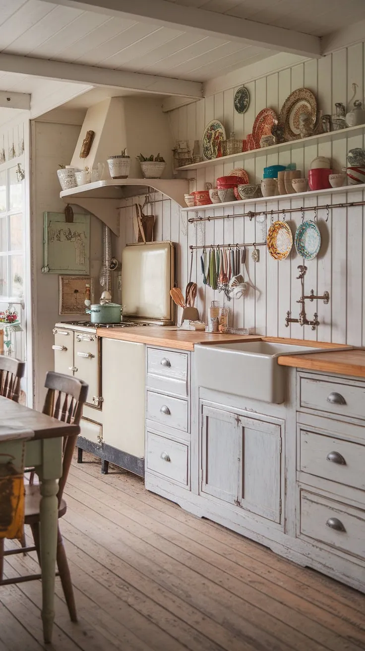Step back in time in this charming cottage kitchen, where the worn white cabinets and rustic wooden countertops whisper tales of generations past. The colorful array of vintage dishes and utensils adds a touch of playful whimsy to this perfectly imperfect space. A haven of warmth and character, it's a testament to the enduring beauty of shabby chic style.