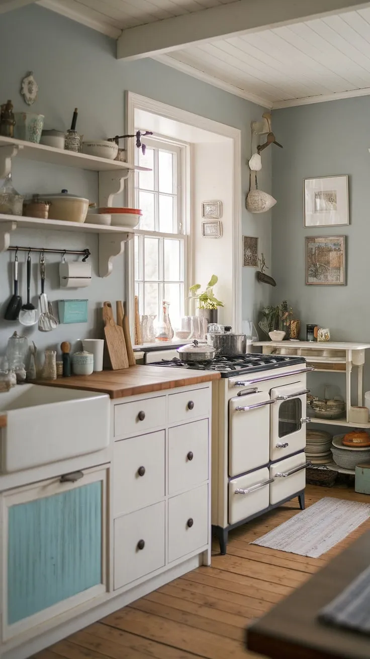 Sunlight streams through the window, illuminating the charming details of this shabby chic cottage kitchen. The worn wooden countertop, vintage stove, and mismatched utensils tell a story of countless meals shared and memories made. A perfect blend of rustic charm and cozy comfort.