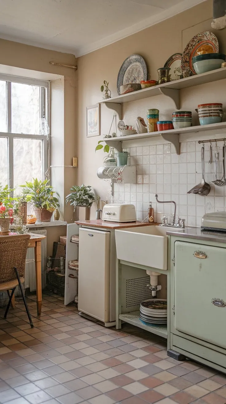Step back in time in this charming cottage kitchen, where vintage appliances and colorful crockery create a warm, shabby-chic haven. The sunlight streaming through the window illuminates the carefully curated details, a testament to the beauty of a life lived slowly. A perfect blend of rustic charm and modern comfort.