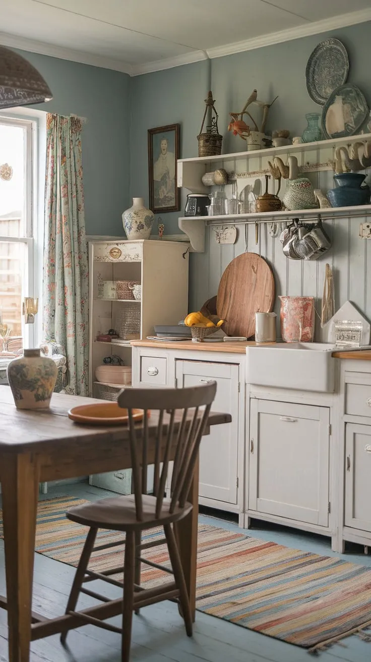 This cozy kitchen is a haven of shabby chic charm. The vintage details, from the wooden table to the antique items, blend seamlessly with the soft blue walls and white cabinets, creating a space that feels both inviting and effortlessly stylish. A colorful rug and vase add a touch of personality to this delightful retreat.