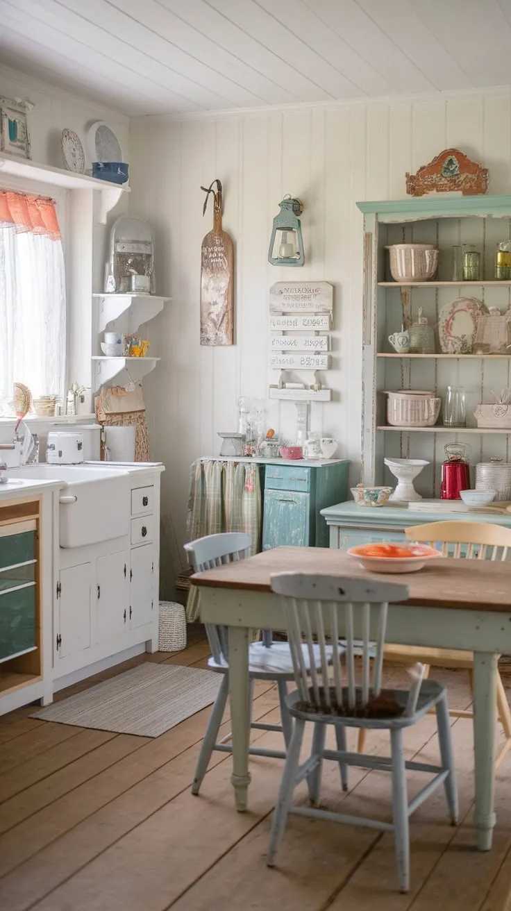 Step back in time in this charming shabby chic kitchen, where vintage details and rustic warmth create a space brimming with character. The worn wooden table and colorful accents tell a story of cherished memories and cozy gatherings. A perfect blend of old-world charm and modern comfort.