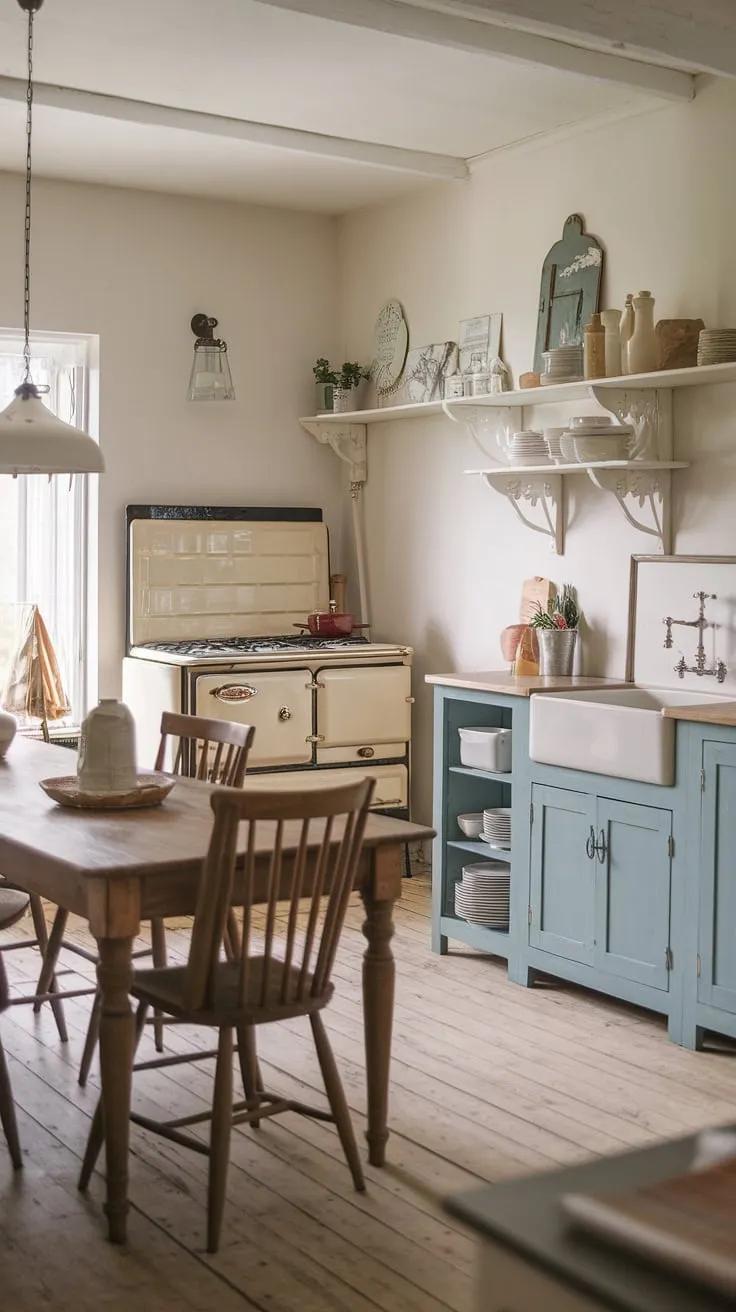 Step back in time in this charming kitchen, where rustic wooden floors meet vintage charm and a cozy atmosphere. The worn wooden table and antique stove whisper tales of countless home-cooked meals, creating a space that feels both lived-in and utterly inviting. A perfect blend of old-world elegance and modern comfort.