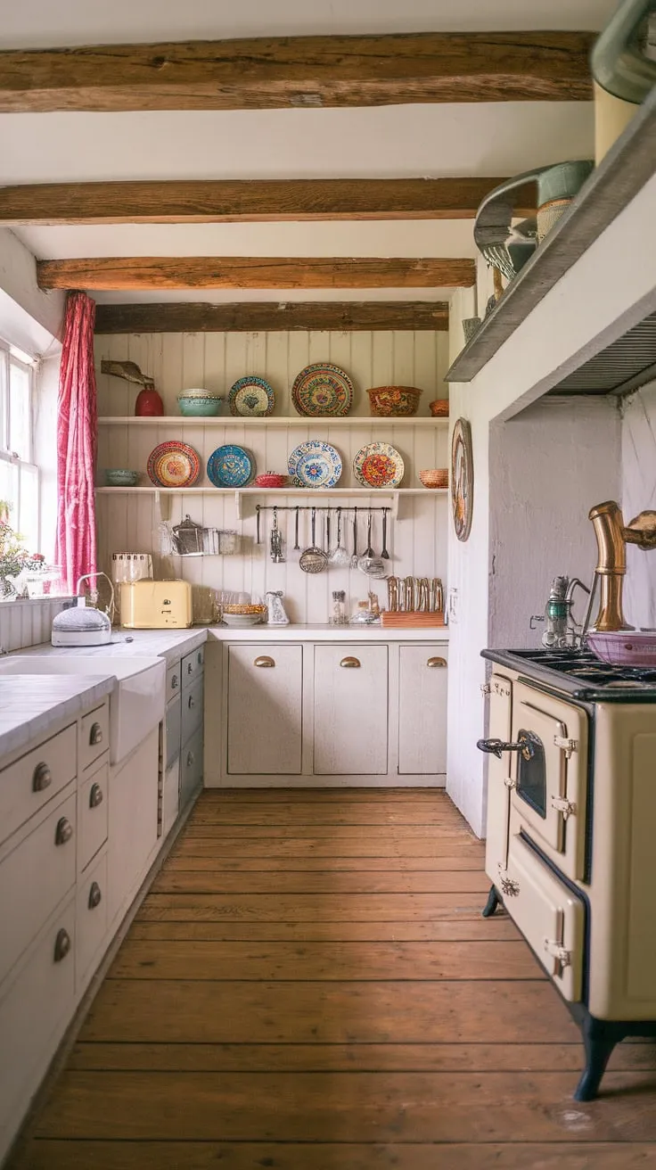 This shabby chic kitchen is a dream come true. The aged wooden floors, exposed beams, and antique appliances create a rustic haven, while the white cabinets and colorful dishware add a touch of elegance. It's a space that whispers stories of generations past and promises countless cozy evenings to come. A perfect blend of vintage charm and modern practicality.