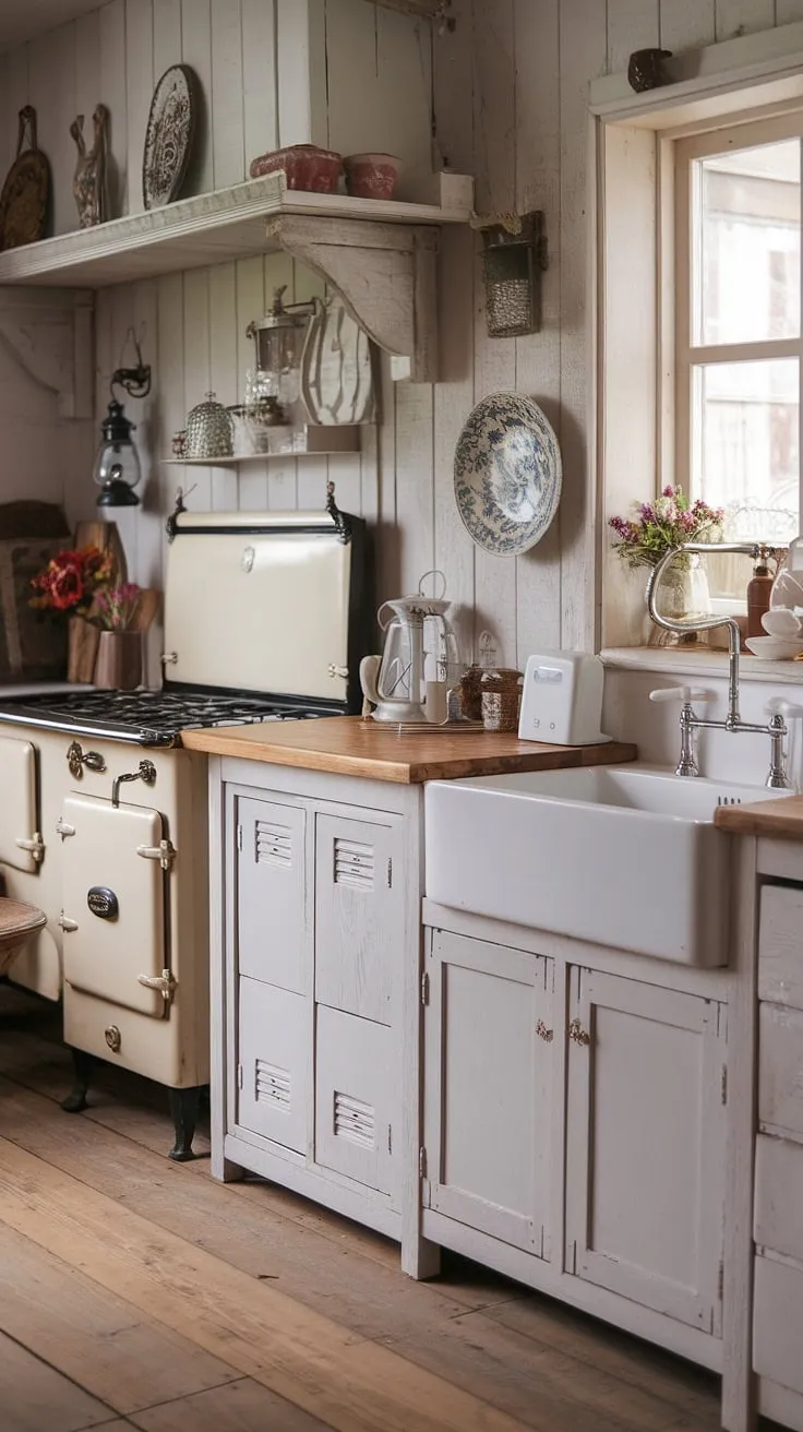 This shabby chic kitchen, with its vintage white sink and worn wooden countertops, whispers tales of cozy evenings and home-cooked meals. The antique lantern and decorative plate add to the charming, rustic ambiance, creating a space where memories are made. A perfect blend of old-world charm and modern comfort.