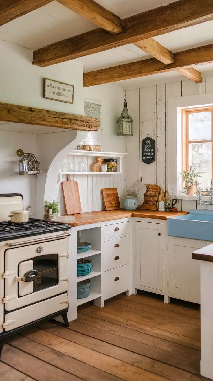 Step back in time in this charming shabby chic cottage kitchen. The aged wooden beams, white cabinets, and a cheerful blue sink create a warm and inviting space, perfect for baking up memories. A vintage stove and rustic wooden cutting board add to the cozy ambiance, making this kitchen the heart of the home.