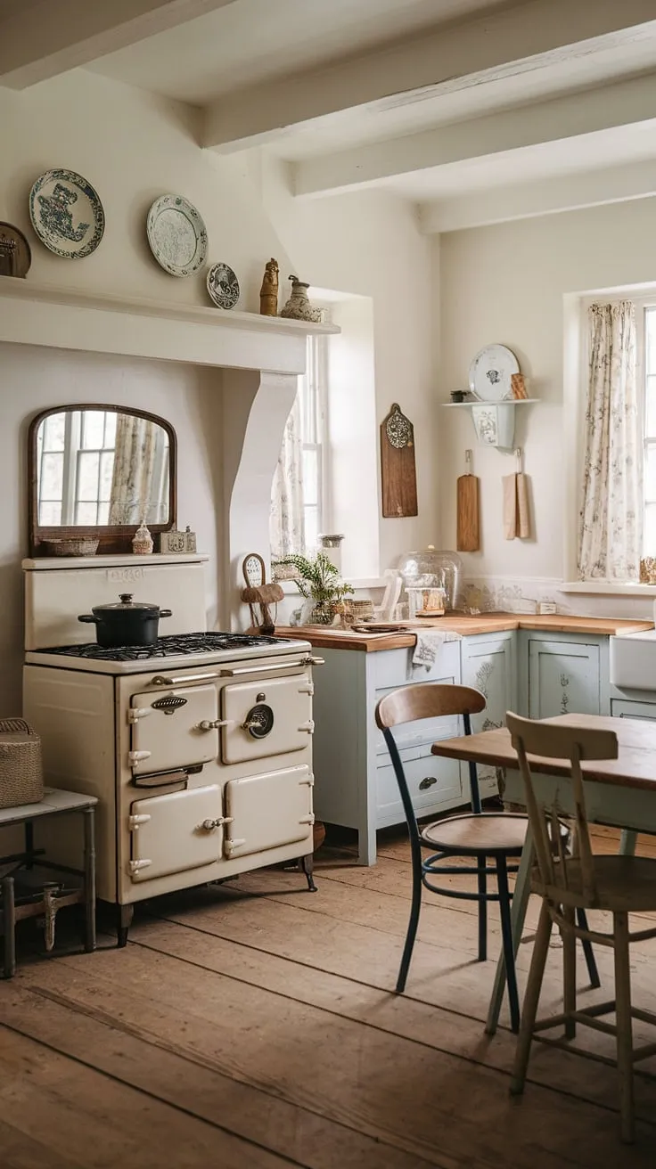 This whitewashed cottage kitchen whispers stories of generations past. A testament to simple elegance, the antique furniture and carefully curated decor create a space that's both inviting and utterly unique. A true reflection of a life lived beautifully.