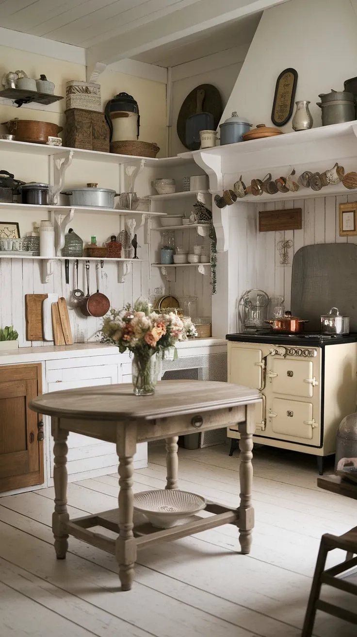 This shabby chic kitchen is a testament to the beauty of aged things. From the vintage stove to the overflowing shelves, every detail whispers stories of a simpler time. The warm light and rustic charm make it the heart of a home filled with love and laughter.