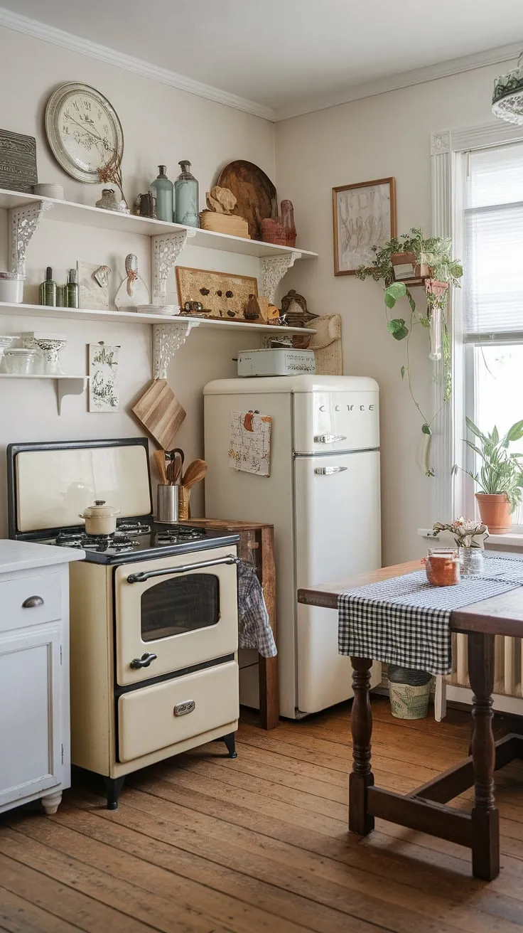 Sunlight streams through the window, illuminating the heart of this quaint cottage kitchen. A vintage stove sits proudly beside a well-worn wooden table, draped in a cheerful checkered cloth. A collection of treasured items adorns the shelves, each telling a unique story. It's a space where time seems to slow down, allowing for moments of quiet contemplation and the simple joy of home-cooked meals. A truly idyllic retreat.