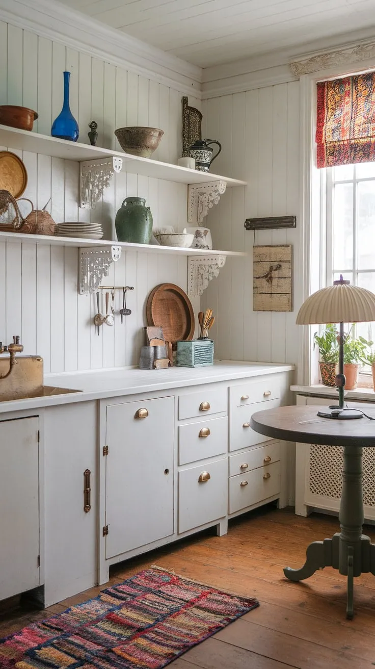 This sun-drenched kitchen is a haven of vintage appeal. The antique-style elements, from the brass knobs to the carefully chosen decorative pieces, create a space that feels both lived-in and lovingly styled. A true testament to the enduring allure of shabby chic design.