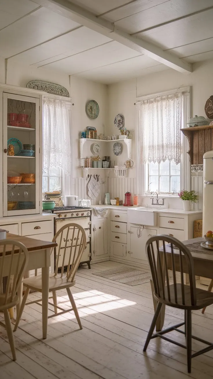 Sunlight streams through the lace-trimmed window, illuminating the charming details of this shabby chic kitchen. The aged wooden floors, antique furniture, and colorful vintage dishes create a warm and inviting atmosphere, a testament to the enduring beauty of simpler times. A perfect blend of rustic charm and modern functionality.