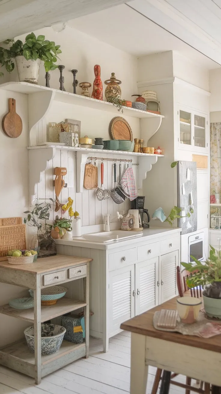 Sunlight streams into this charming cottage kitchen, illuminating the worn wooden table and the colorful array of vintage treasures. A sense of warmth and history permeates every corner, creating a space that feels both lived-in and utterly delightful. A perfect blend of rustic charm and shabby chic elegance.