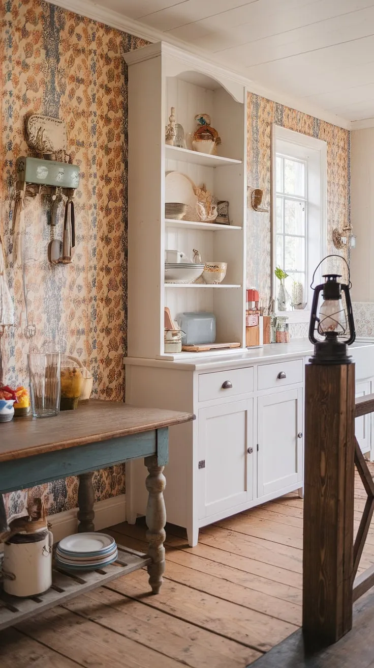 Sunlight streams through the window, illuminating the charming details of this shabby chic kitchen. A vintage lantern casts a warm glow, complementing the colorful wallpaper and the worn wooden table where memories are made. A sense of cozy comfort permeates the space, a testament to the beauty of lived-in charm.