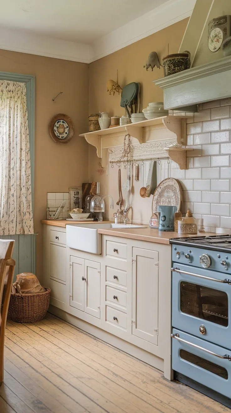 Step back in time in this charming cottage kitchen, where shabby chic meets rustic warmth. The aged wood floors and vintage details whisper stories of cozy evenings and home-cooked meals. A perfect blend of old-world charm and modern comfort.