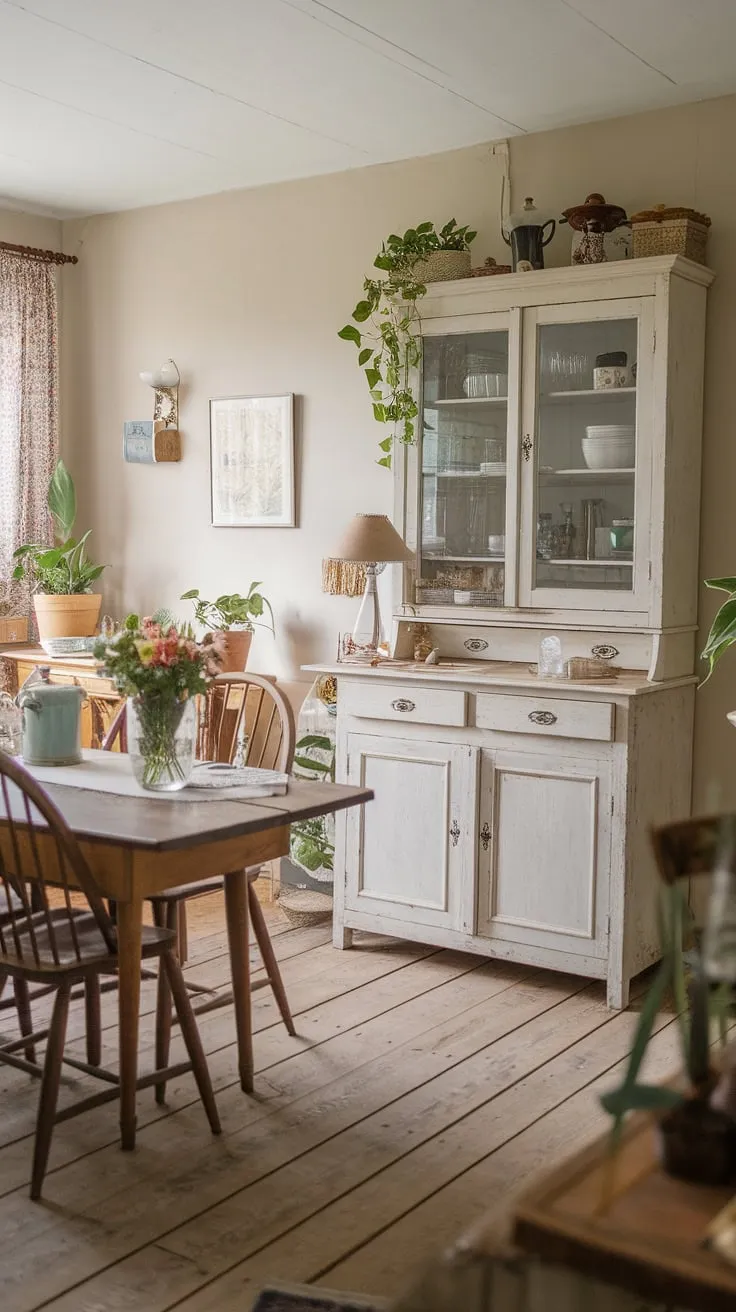 Sunlight streams into this idyllic cottage kitchen, illuminating the aged white cabinetry and rustic wooden table. The space is filled with a comforting warmth, a testament to the beauty of simple living. Every detail, from the vintage lamp to the carefully chosen plants, speaks of a life lived with intention and appreciation for the finer things. It's a place where memories are made and cherished.