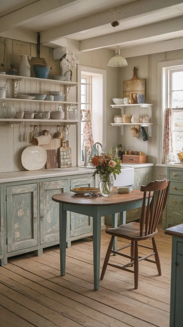 Sunlight streams through the window, illuminating the charming details of this cottage kitchen. The worn wooden table, adorned with a vase of wildflowers and a few well-loved dishes, speaks to countless stories shared within these walls. A comforting warmth permeates the space, a testament to the simple joys of home.