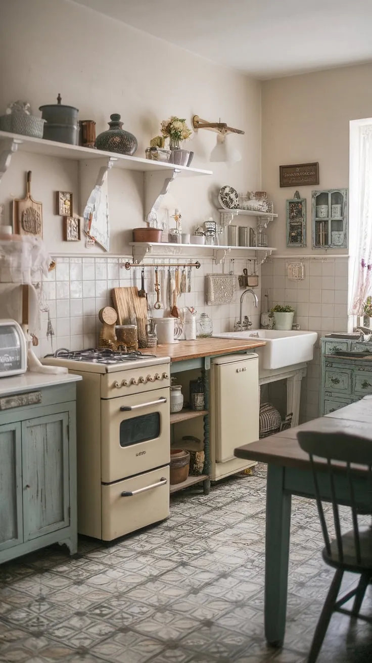 This shabby chic kitchen is a dream come true. A haven of warmth and character, it effortlessly blends antique charm with modern functionality. The white walls, patterned tiles, and vintage appliances create a space that's both inviting and aesthetically pleasing. A truly delightful escape.