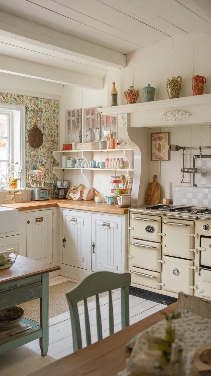 Step back in time in this charming cottage kitchen, where vintage cabinets and a worn wooden countertop tell tales of countless cozy meals. The colorful accents and patterned walls add a touch of whimsical delight, creating a space that's both beautiful and undeniably homey. A perfect blend of rustic charm and modern comfort.