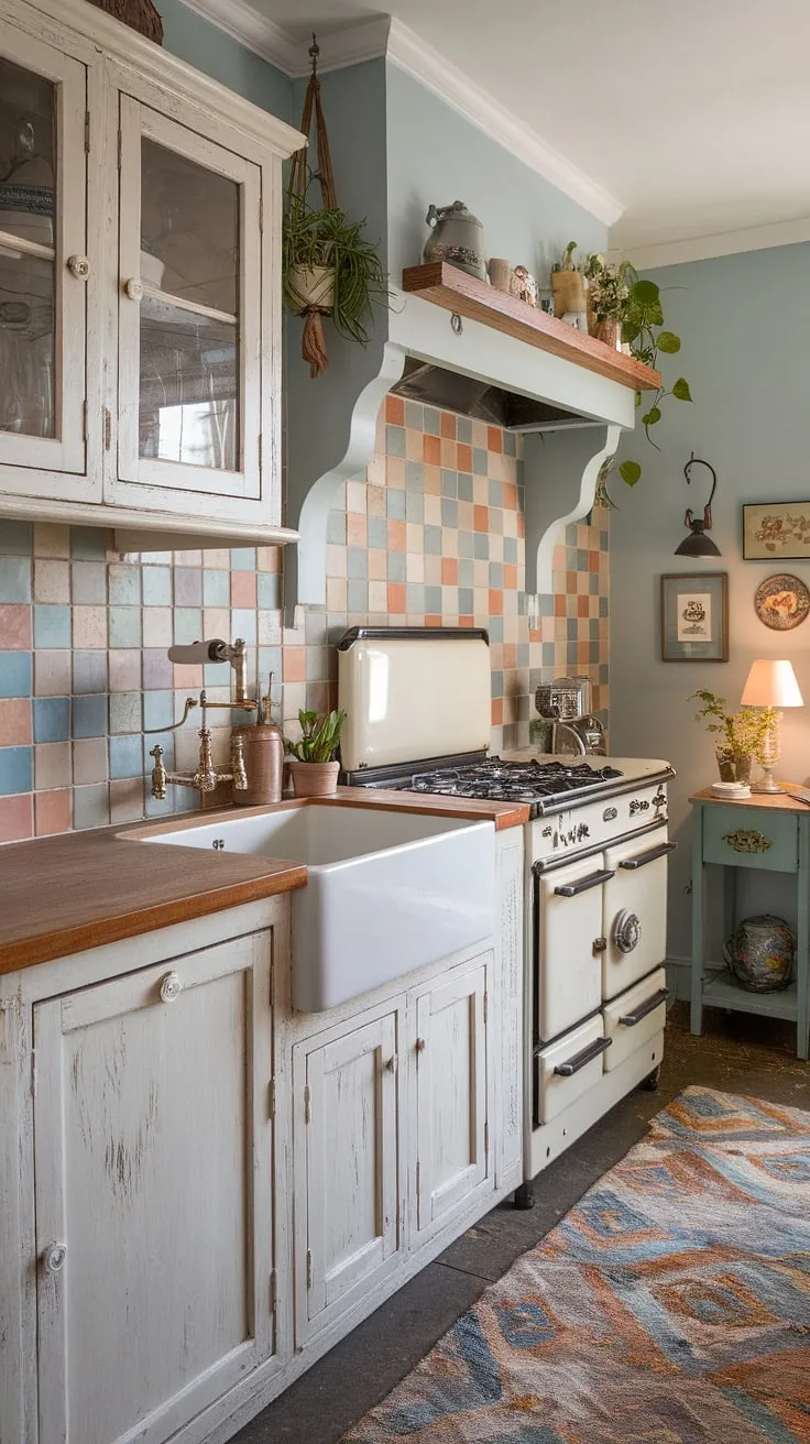 Step back in time in this charming shabby chic kitchen, where vintage details like the distressed white cabinets and colorful tile backsplash create a cozy and inviting atmosphere. The soft blue walls and patterned rug add to the cottage-style charm, making it the perfect space for creating culinary memories. A perfect blend of old-world charm and modern functionality.