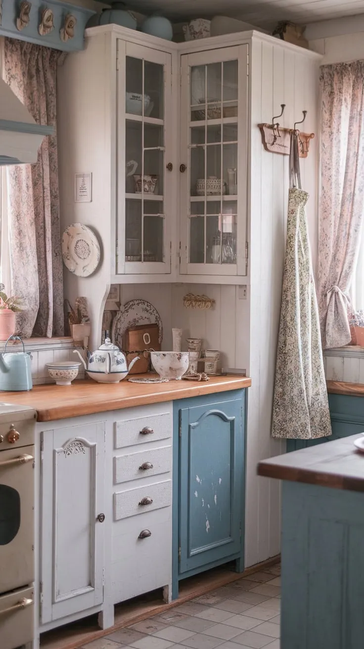 Step into this charming kitchen, where the worn paint on the cabinets tells a story of countless meals shared and memories made. The vintage cottage aesthetic, with its mix of white and blue, creates a warm and cozy ambiance, perfect for lingering over a cup of tea. A floral apron hangs ready, awaiting the next culinary adventure.